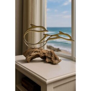 Vintage Brass Dolphin Sculpture on Driftwood Base Nautical Coastal Decor